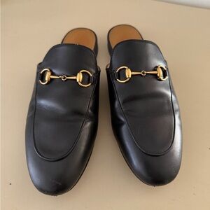 Gucci Black Leather Horsebit Backless Loafers